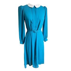 Vintage 70s 80s Turquoise Sheer Fit & Flare Knee Length Collared Dress Size 8